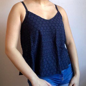 Navy Tank Top with Floral Cutout Detail Hollister